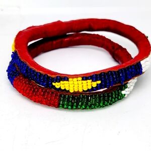 African Tribal Bracelet Beaded Leather Bangle Cuff Seed Bead Folk Art Set Of 2